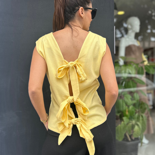 Blusa lazos Espalda  Amarilla (Lino + algodón)